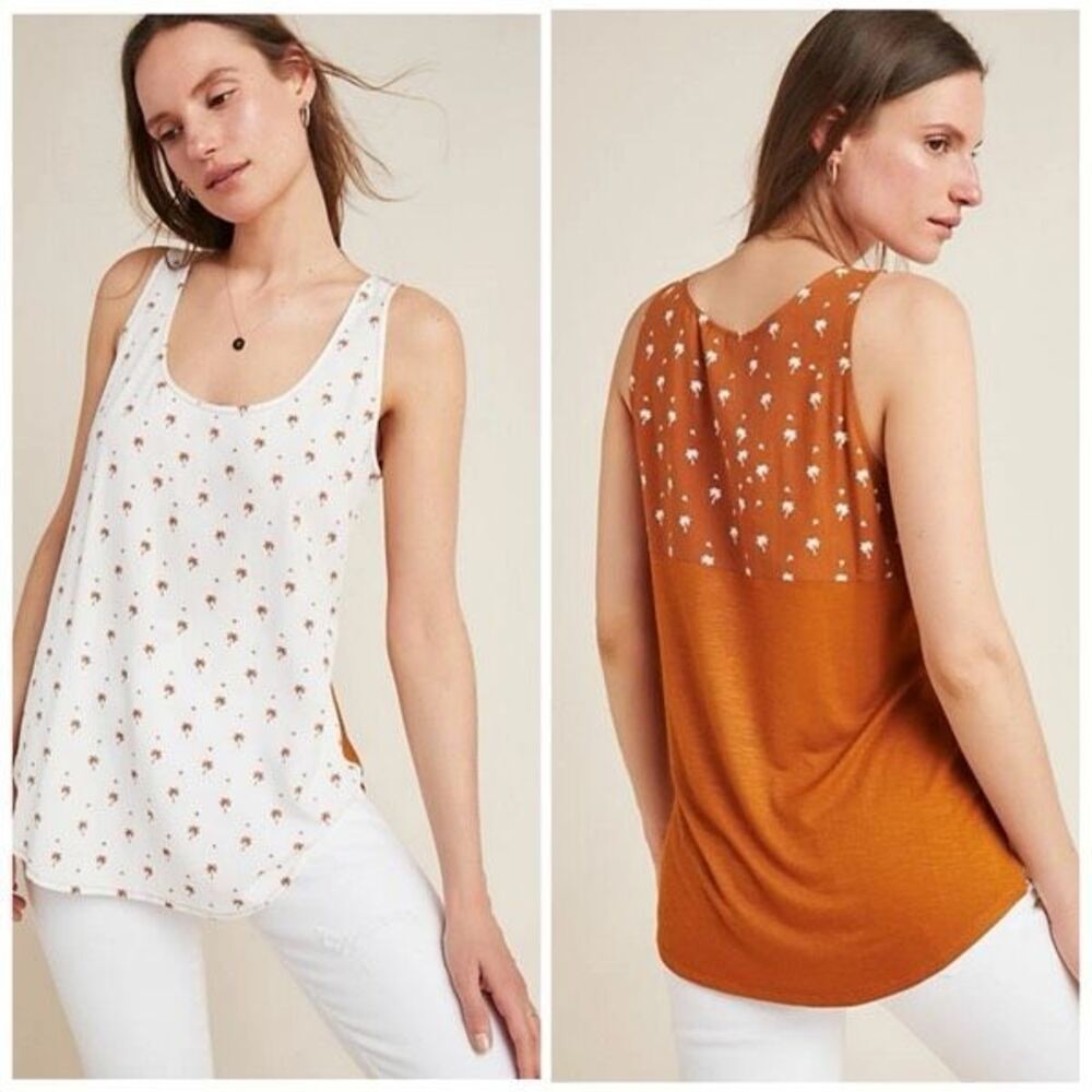 Anthropologie Dolan Mixed Media Tank Top Palm Trees Print Size XS Brown White‎